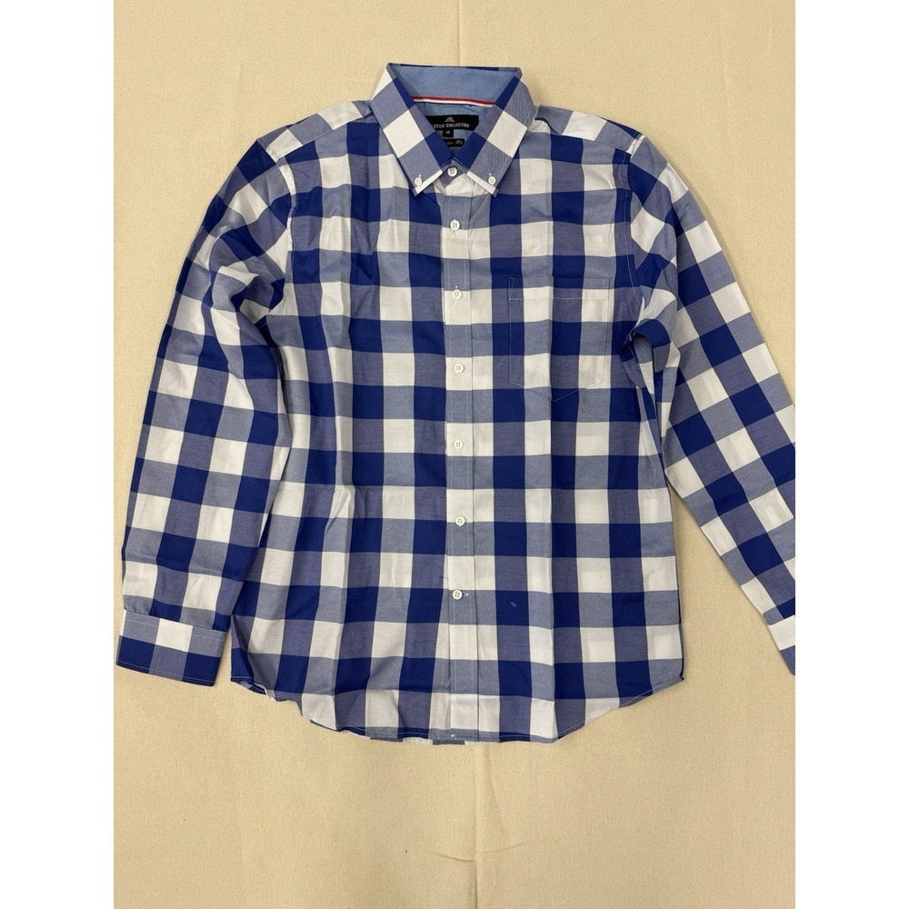Classic Collection Men's Medium Blue White Plaid Button Up Shirt Regular Fit